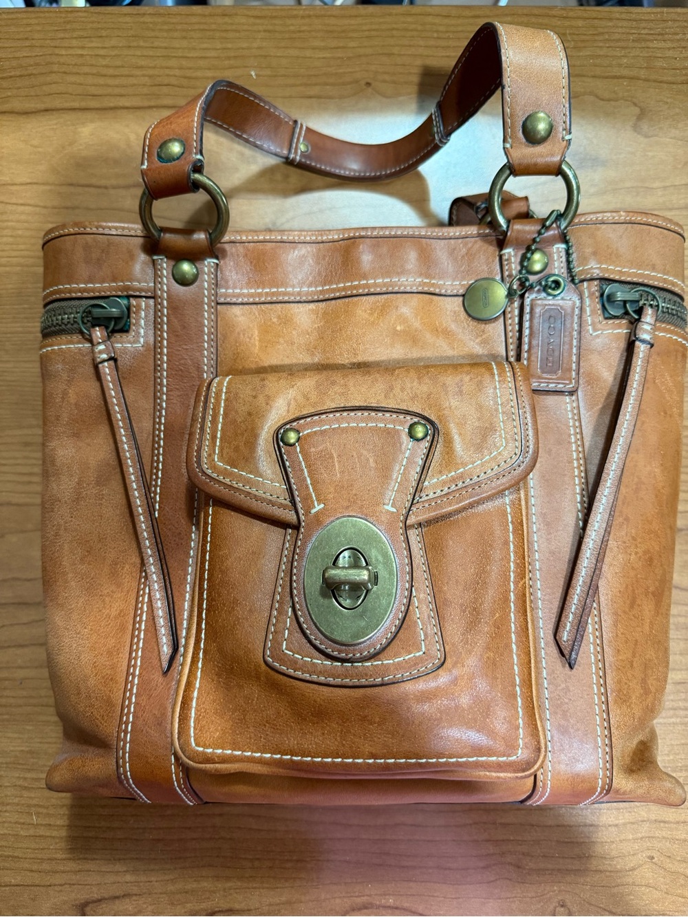 Coach Tan Leather Turnlock Shoulder Tote